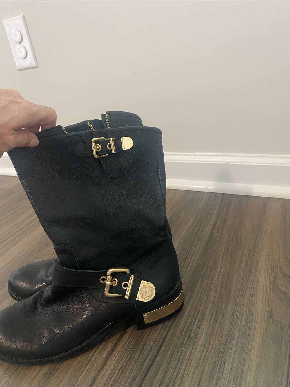 Vince Camuto Black Leather Mid-Calf Boots with Gold Hardware - Picture 5 of 5